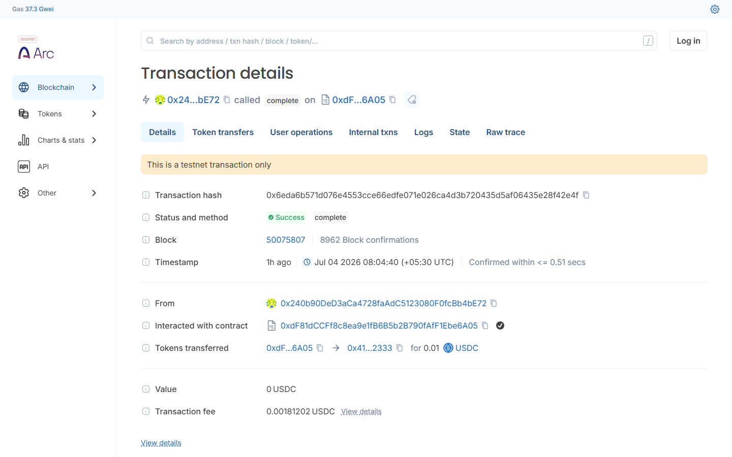 ArcScan: complete() released 0.01 USDC from the MeritJob escrow, status Success