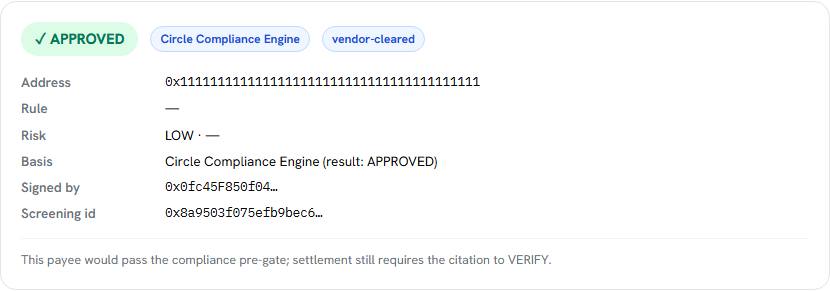 A clean address is approved live by Circle