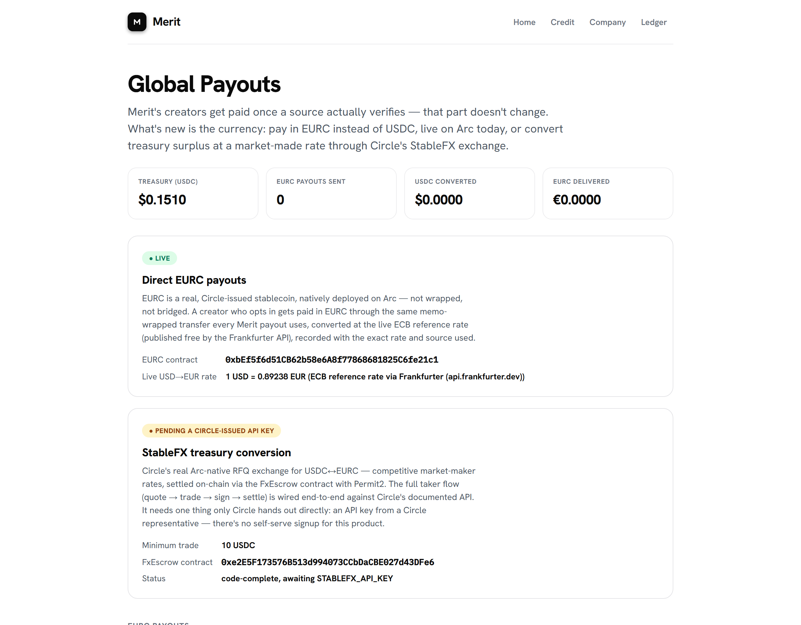 Global Payouts — EURC direct payouts live, StableFX RFQ code-complete