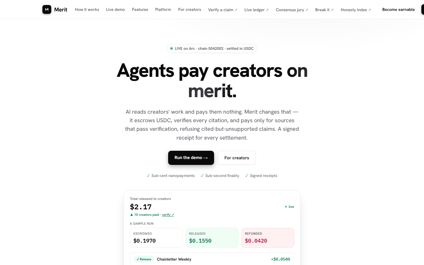 The Merit landing page